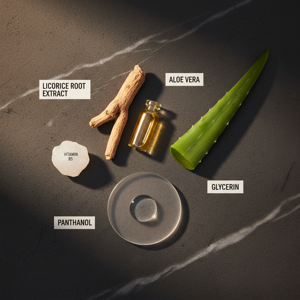 Ingredients including licorice root extract, aloe vera, vitamin B5, panthanol, and glycerin on a dark surface.